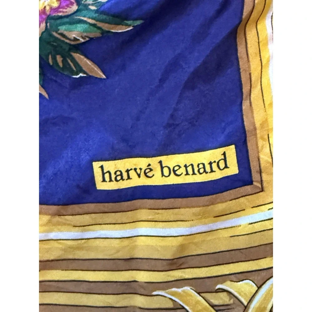 Harvé Benard Floral Silk Scarf Navy Gold Square 33x35 Vintage